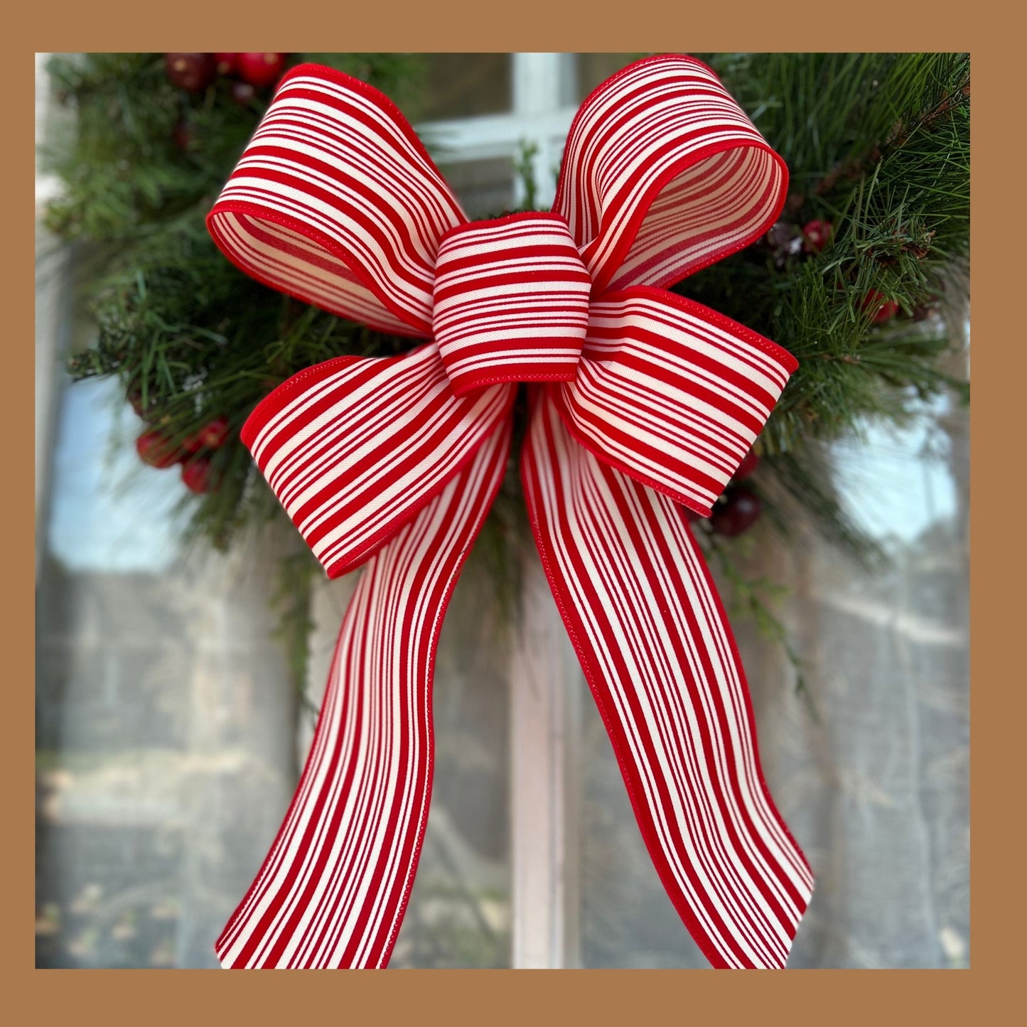 Christmas Bow / Red and White Ticking Striped Bow / Farmhouse Décor / Matching Lantern Bow
